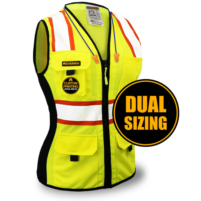 KwikSafety FIRST LADY (DUAL-SIZING) Safety Vest for Women Class 2 ANSI Tested OSHA Compliant Hi Vis Reflective PPE Surveyor - Model No.: KS3319OS - KwikSafety