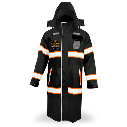 KwikSafety TORRENT High Visibility Rain Gear (FOLDABLE HOOD) Hi Vis Trench Coat Reflective PPE - Model No.: KS5506BLK - KwikSafety