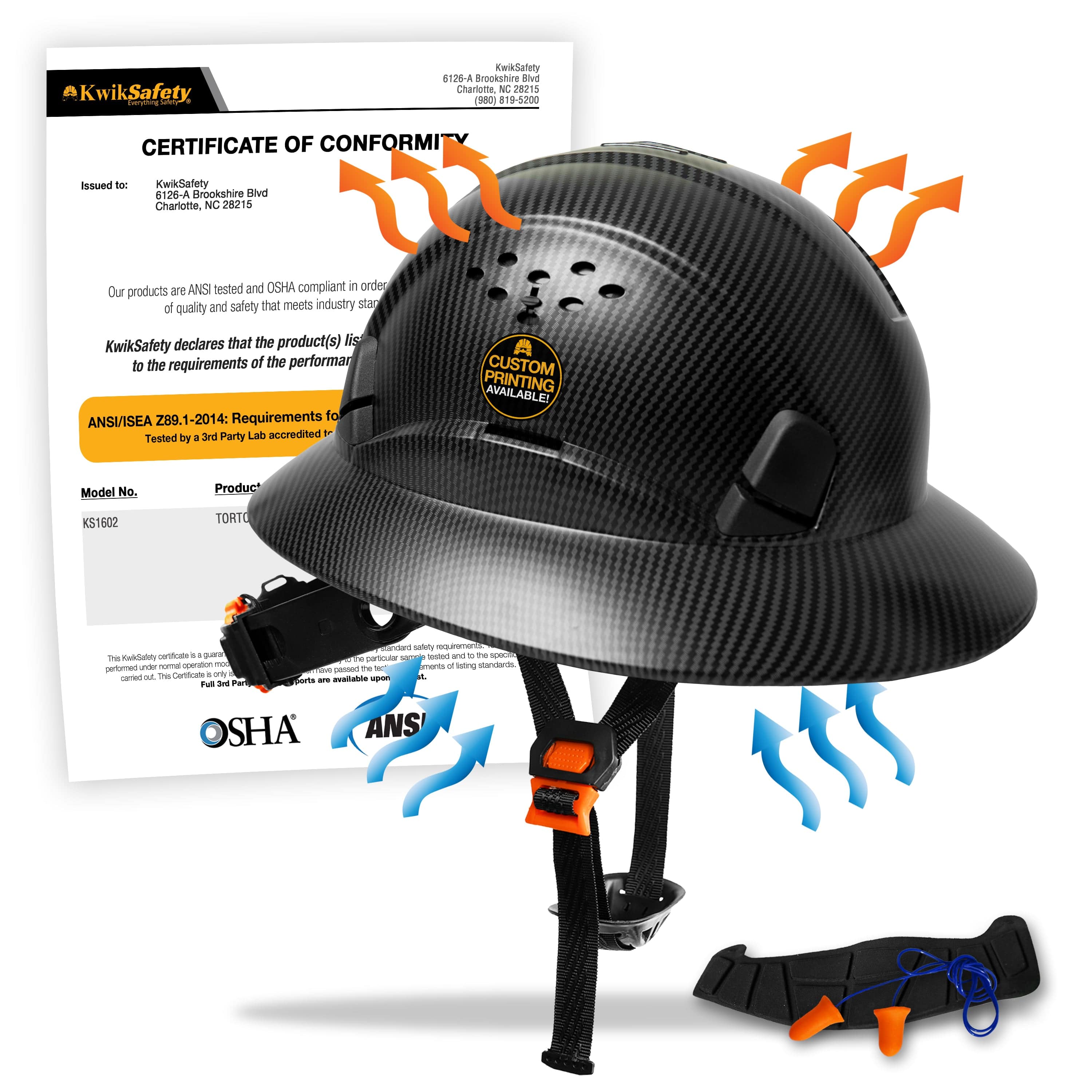 KwikSafety BLACK CARBON Hard Hat 16 COOLING VENTS FREE Extra Headba