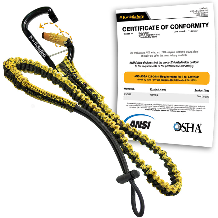 KwikSafety KRAKEN Heavy Duty ANSI Tested OSHA Compliant Bungee Tool Lanyard w/ Carabiner Clip - Model No.:KS7903