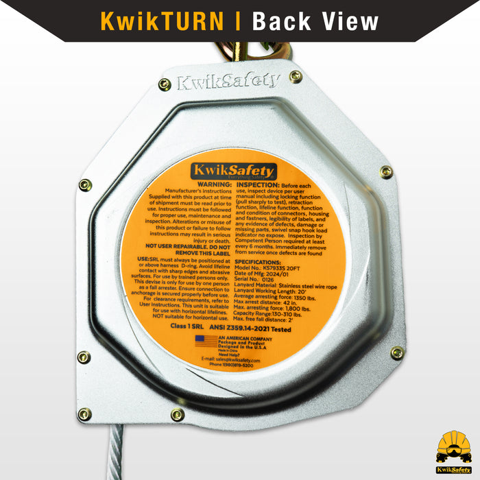 KwikSafety 20' COBRA CABLE Self Retracting Lifeline ANSI Class 1 SRL - Model No.: KS7933