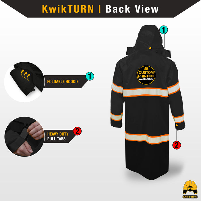 KwikSafety TORRENT High Visibility Rain Gear (FOLDABLE HOOD) Hi Vis Trench Coat Reflective PPE - Model No.: KS5506BLK - KwikSafety