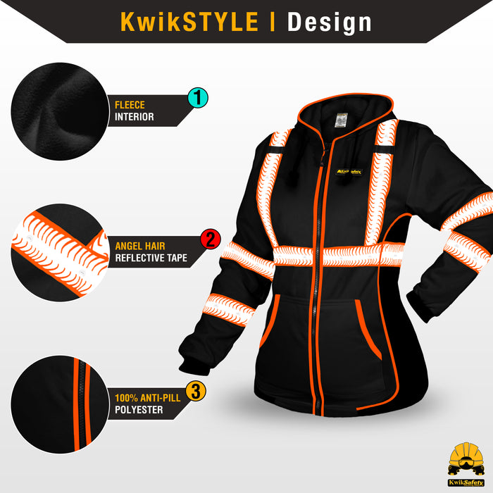 KwikSafety ROGUE Safety Hoodie for Women (NO FUZZ BALLS) Fleece Hi Viz Construction PPE - Model No.: KS5517BLK - KwikSafety