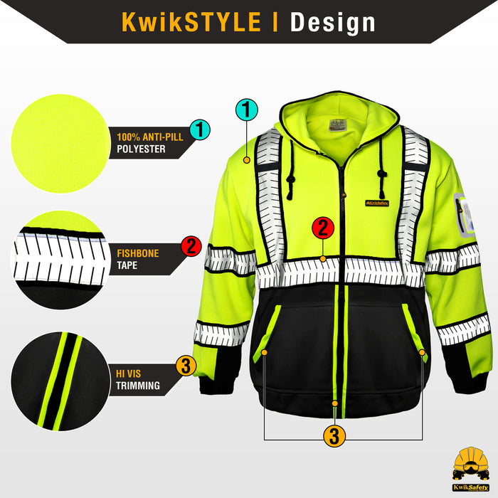 KwikSafety PREMIUM PATROL Safety Hoodie (NO FUZZ Balls) Class 3 ANSI Tested OSHA Compliant Hi Vis Reflective PPE - Model No.: KS5518 - KwikSafety