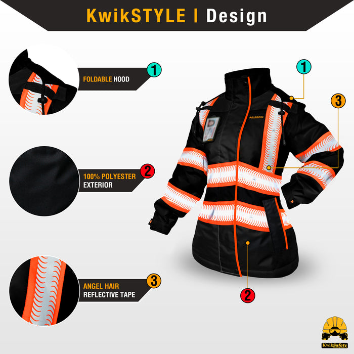 KwikSafety BLACK BOMBSHELL Safety Bomber Jacket for Women Reflective Construction PPE - Model No.: KS5523