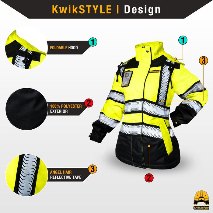 KwikSafety BOMBSHELL Safety Bomber Jacket for Women Class 3 ANSI OSHA Reflective Fleece Hi Viz Construction PPE - Model No.: KS5523