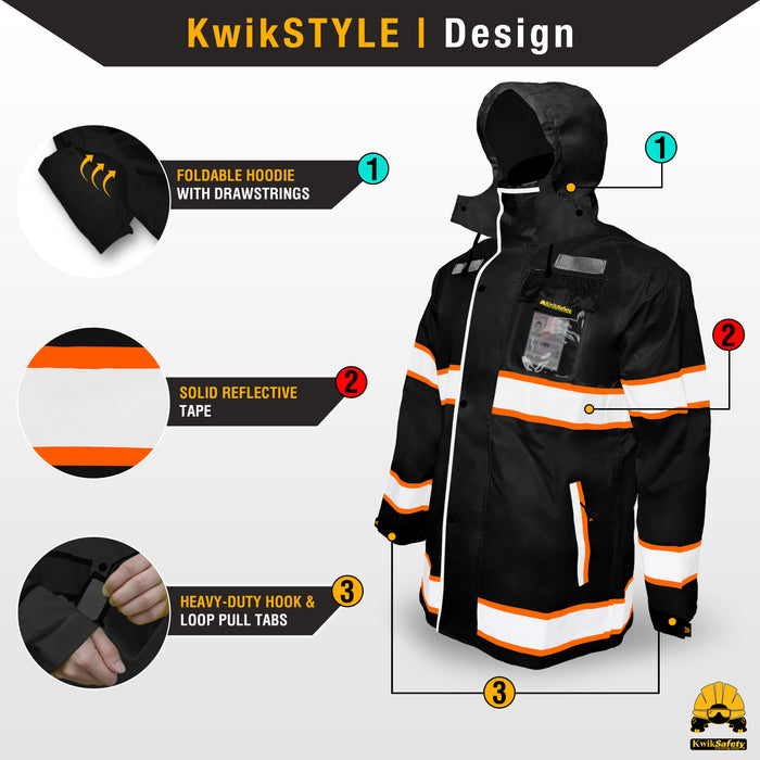 KwikSafety TORRENT Safety Rain Jacket | Hi Vis Windproof Mens Work Rain Gear - Model No.: KS5516BLK - KwikSafety