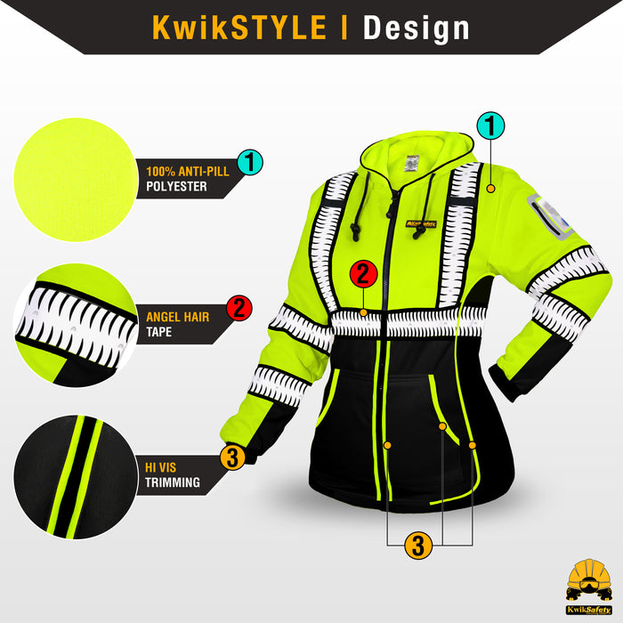 KwikSafety PREMIUM ROGUE Safety Hoodie for Women (NO FUZZ BALLS) Class 3 ANSI OSHA Reflective Fleece Hi Viz Construction PPE - Model No.: KS5519