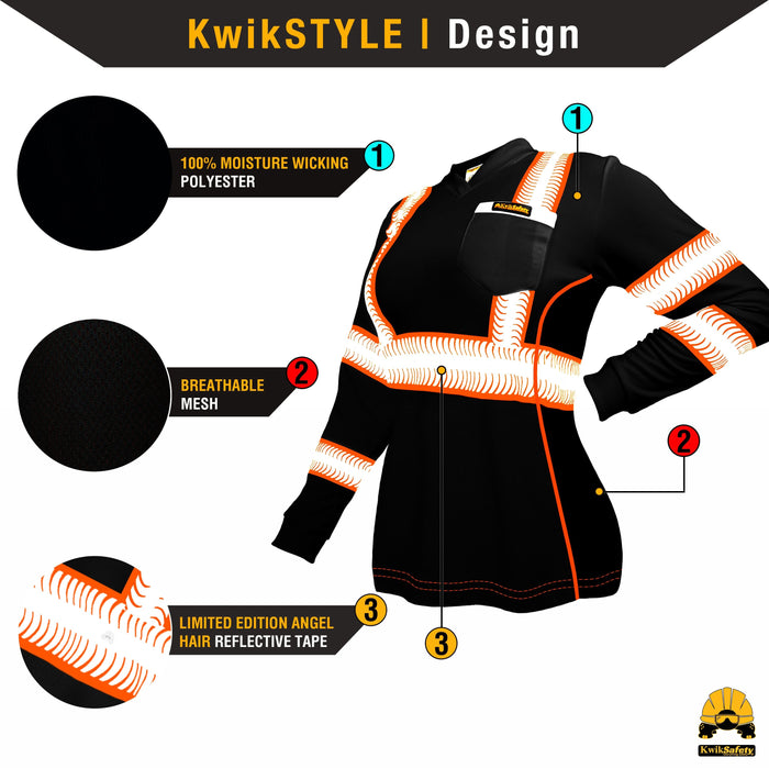 KwikSafety VIXEN Safety Shirt for Women (ANGEL HAIR TAPE) Long Sleeve Hi Vis Reflective PPE - Model No.: KS4410BLK - KwikSafety