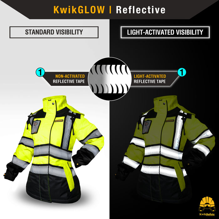 KwikSafety BOMBSHELL Safety Bomber Jacket for Women Class 3 ANSI OSHA Reflective Fleece Hi Viz - Yellow - Model No.: KS5523