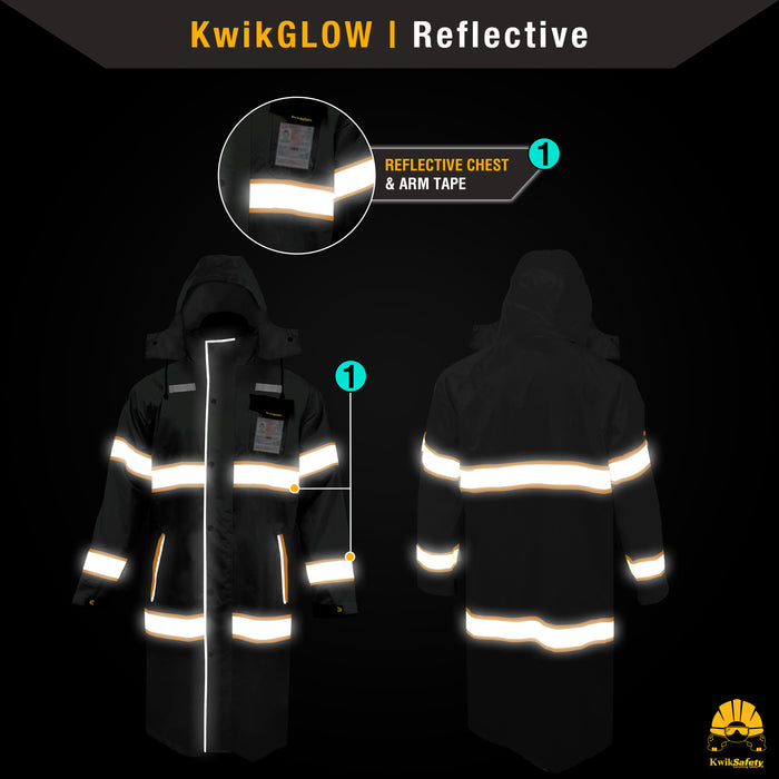 KwikSafety TORRENT High Visibility Rain Gear (FOLDABLE HOOD) Hi Vis Trench Coat Reflective PPE - Model No.: KS5506BLK - KwikSafety