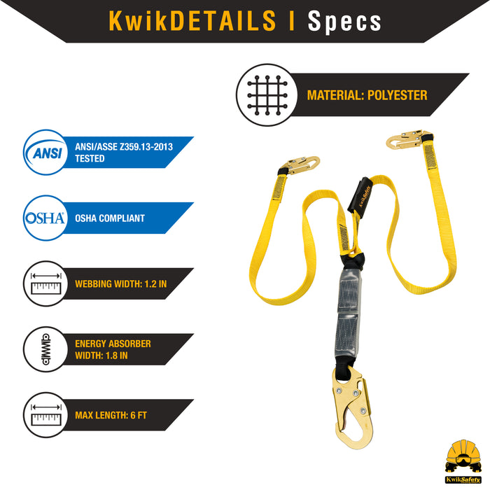 KwikSafety DOUBLE LEG TAIPAN Flat 6’ Safety Lanyard with External Shock Absorber Fall Protection Device ANSI OSHA - Model No.: KS7706 - KwikSafety