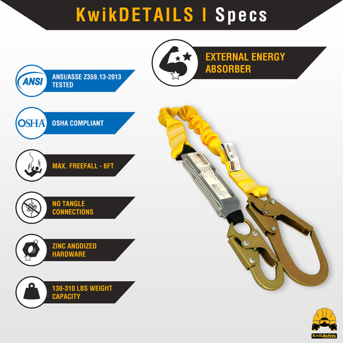 KwikSafety BOA 6' Single-Leg Safety Lanyard with Shock Absorber Fall Protection Device ANSI OSHA- Model No.: KS7701 - KwikSafety