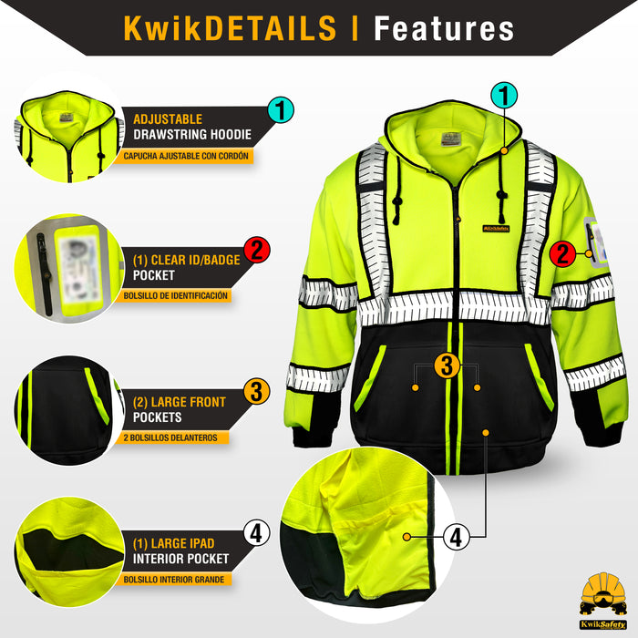 KwikSafety PREMIUM PATROL Safety Hoodie (NO FUZZ Balls) Class 3 ANSI Tested OSHA Compliant Hi Vis Reflective PPE - Model No.: KS5518 - KwikSafety