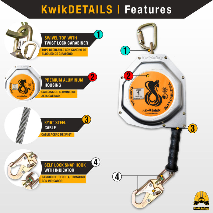 KwikSafety 20' COBRA CABLE Self Retracting Lifeline ANSI Class 1 SRL - Model No.: KS7933 - KwikSafety