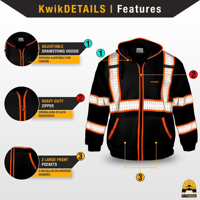 KwikSafety PATROL Safety Jacket (NO FUZZ Balls) Hi Vis Hoodie Reflective PPE - Model No.: KS5503BLK - KwikSafety