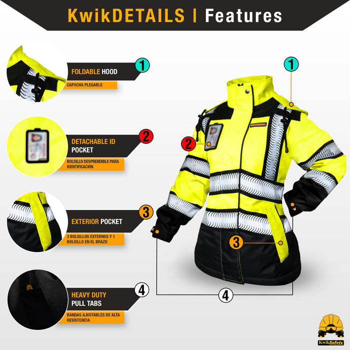 KwikSafety BOMBSHELL Safety Bomber Jacket for Women Class 3 ANSI OSHA Reflective Fleece Hi Viz - Yellow - Model No.: KS5523