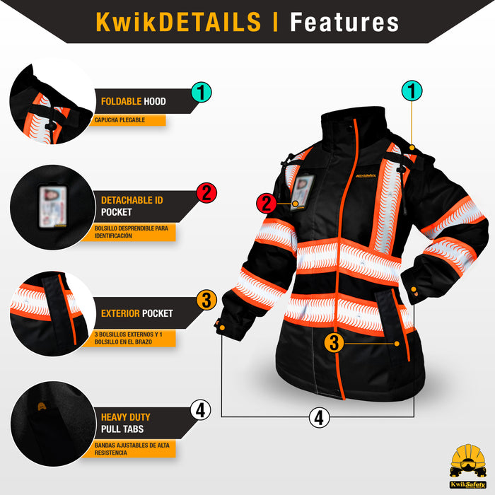 KwikSafety BLACK BOMBSHELL Safety Bomber Jacket for Women Reflective Construction PPE - Model No.: KS5523