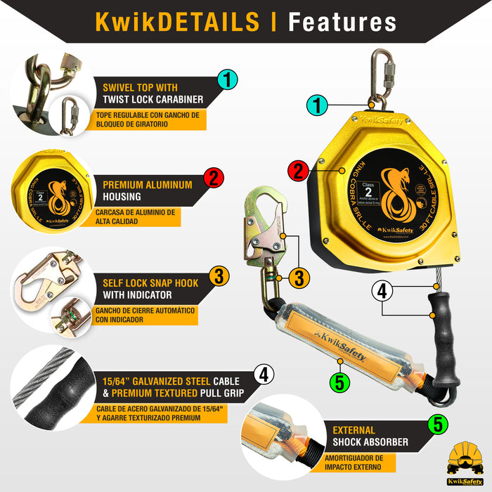 KwikSafety 30' LE COBRA CABLE Leading Edge Self Retracting Lifeline ANSI Class 2 SRL-LE - Model No.: KS7950