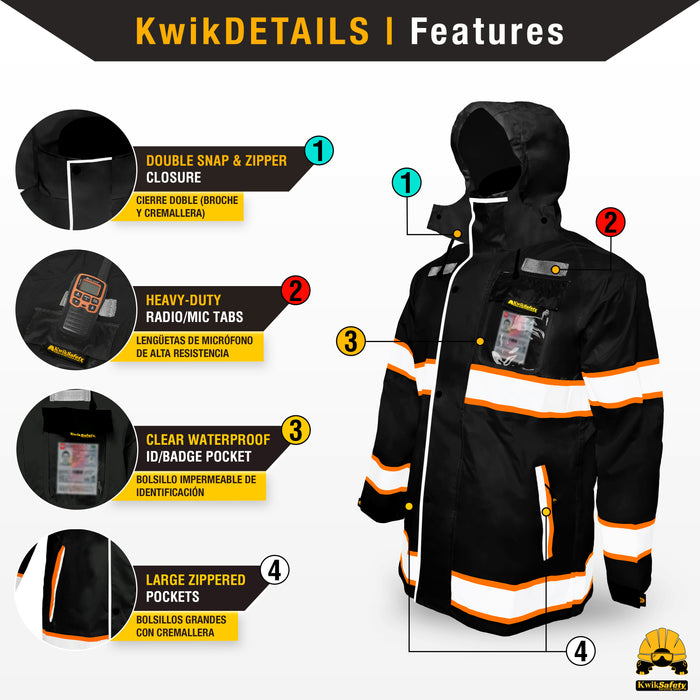 KwikSafety TORRENT Safety Rain Jacket | Hi Vis Windproof Mens Work Rain Gear - Model No.: KS5516BLK - KwikSafety