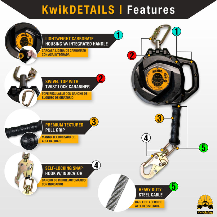 KwikSafety 33' MAMBA CABLE Self Retracting Lifeline ANSI Class B SRL - Model No.: KS7925