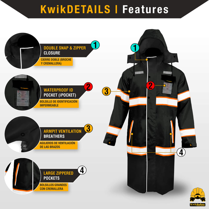 KwikSafety TORRENT High Visibility Rain Gear (FOLDABLE HOOD) Hi Vis Trench Coat Reflective PPE - Model No.: KS5506BLK - KwikSafety