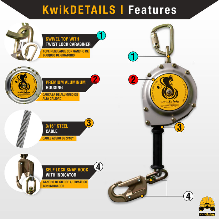 KwikSafety 30' COBRA CABLE Self Retracting Lifeline ANSI Class B SRL - Model No.: KS7934