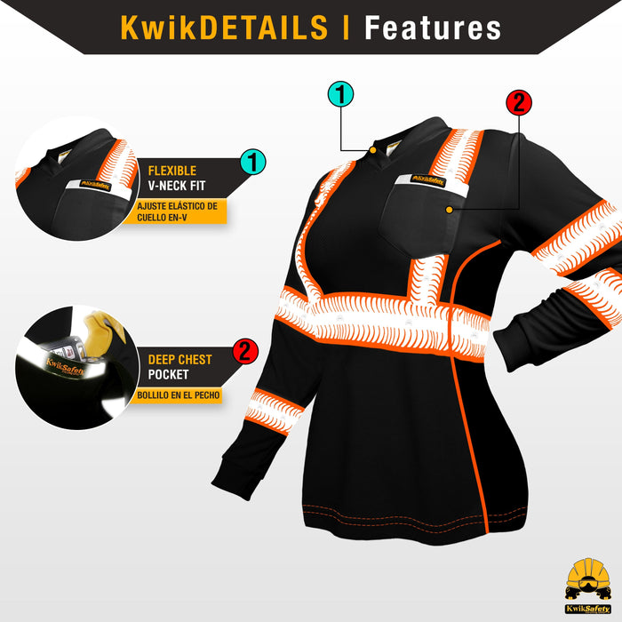 KwikSafety VIXEN Safety Shirt for Women (ANGEL HAIR TAPE) Long Sleeve Hi Vis Reflective PPE - Model No.: KS4410BLK - KwikSafety