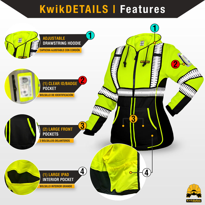 KwikSafety PREMIUM ROGUE Safety Hoodie for Women (NO FUZZ BALLS) Class 3 ANSI OSHA Reflective Fleece Hi Viz Construction PPE - Model No.: KS5519 - KwikSafety