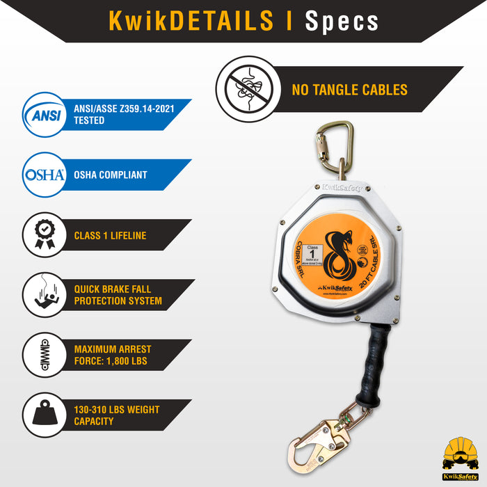 KwikSafety 20' COBRA CABLE Self Retracting Lifeline ANSI Class 1 SRL - Model No.: KS7933