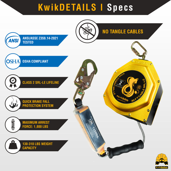 KwikSafety 30' LE COBRA CABLE Leading Edge Self Retracting Lifeline ANSI Class 2 SRL-LE - Model No.: KS7950