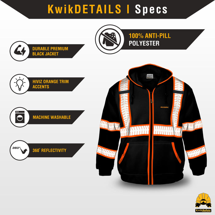 KwikSafety PATROL Safety Jacket (NO FUZZ Balls) Hi Vis Hoodie Reflective PPE - Model No.: KS5503BLK - KwikSafety