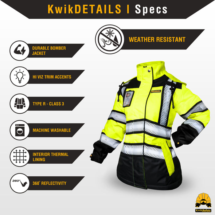 KwikSafety BOMBSHELL Safety Bomber Jacket for Women Class 3 ANSI OSHA Reflective Fleece Hi Viz - Yellow - Model No.: KS5523