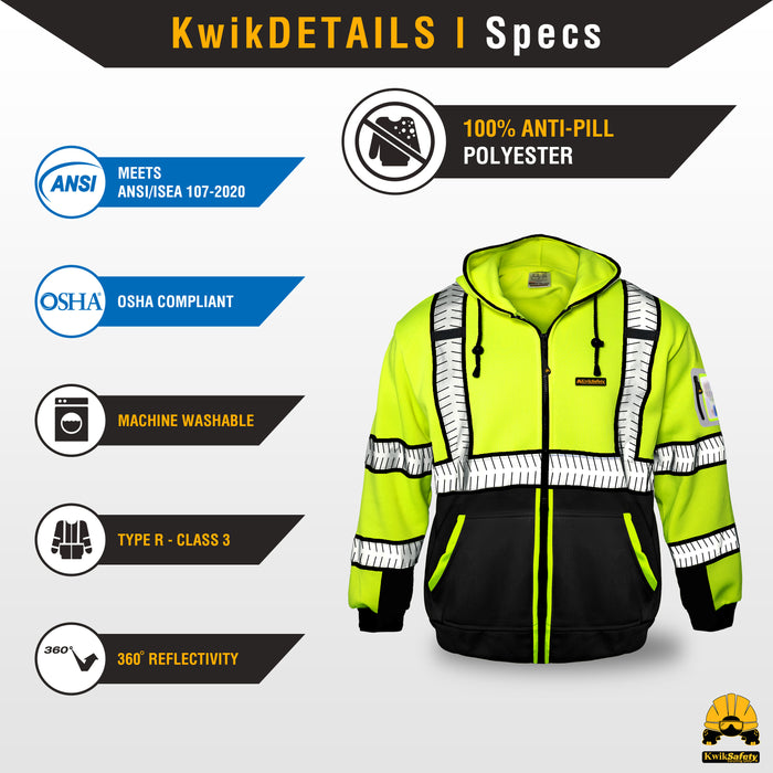 KwikSafety PREMIUM PATROL Safety Hoodie (NO FUZZ Balls) Class 3 ANSI Tested OSHA Compliant Hi Vis Reflective PPE - Model No.: KS5518