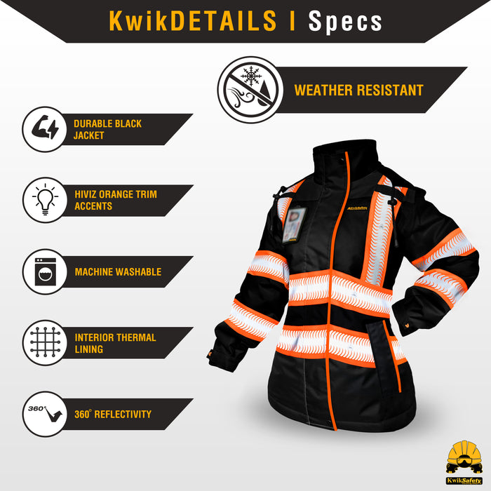 KwikSafety BLACK BOMBSHELL Safety Bomber Jacket for Women Reflective Construction PPE - Model No.: KS5523