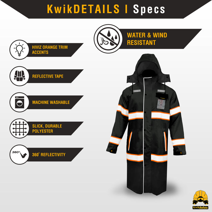 KwikSafety TORRENT High Visibility Rain Gear (FOLDABLE HOOD) Hi Vis Trench Coat Reflective PPE - Model No.: KS5506BLK - KwikSafety