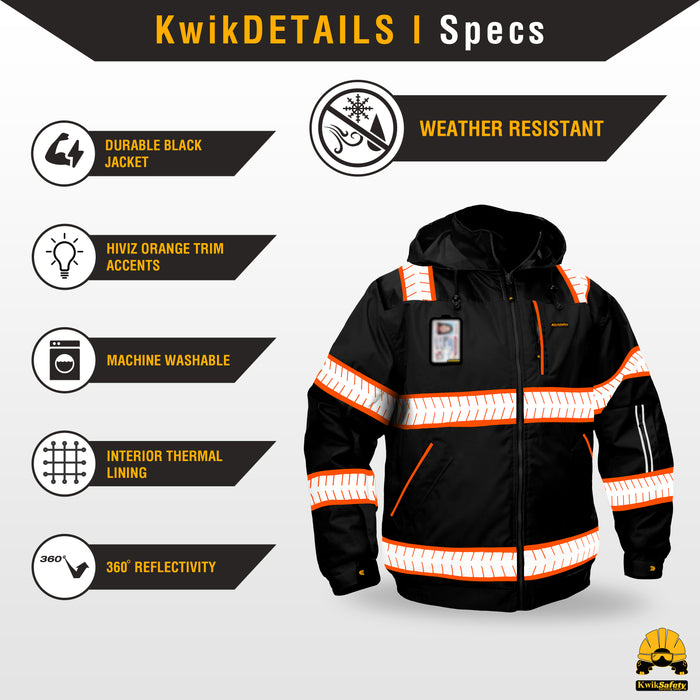 KwikSafety ENFORCER Safety Bomber Jacket (DETACHABLE ID POCKET) Hi Vis Reflective PPE - Model No.: KS5521BLK - KwikSafety