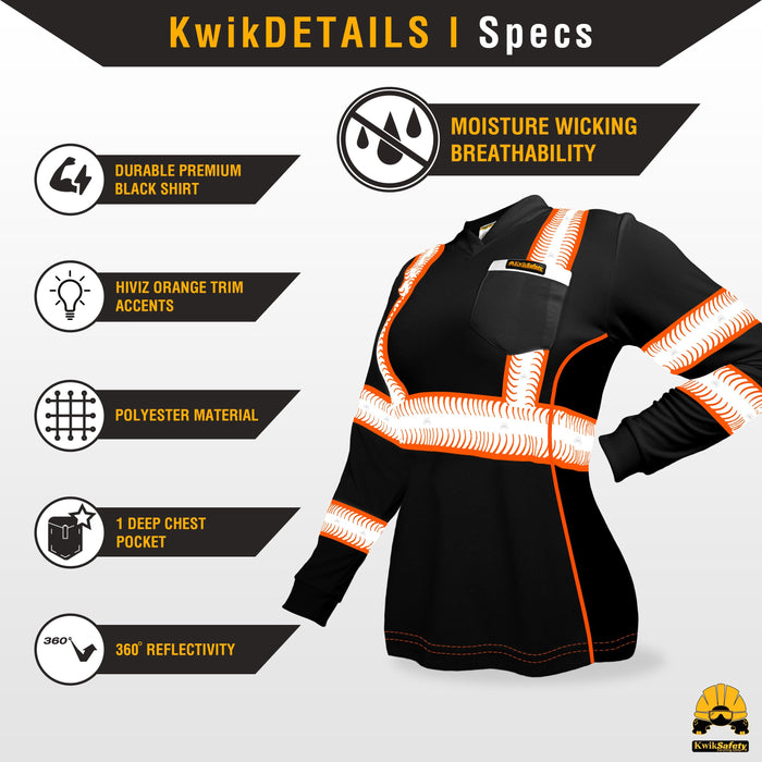 KwikSafety VIXEN Safety Shirt for Women (ANGEL HAIR TAPE) Long Sleeve Hi Vis Reflective PPE - Model No.: KS4410BLK - KwikSafety