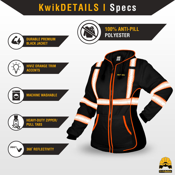 KwikSafety ROGUE Safety Jacket for Women (NO FUZZ BALLS) Fleece Hoodie Hi Viz Construction PPE - Model No.: KS5517BLK - KwikSafety