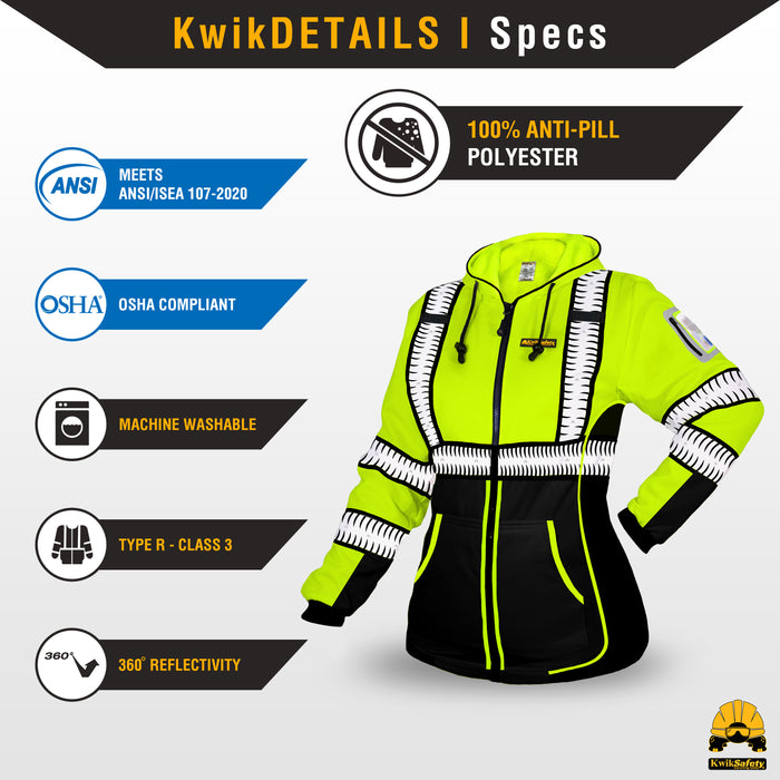 KwikSafety PREMIUM ROGUE Safety Hoodie for Women (NO FUZZ BALLS) Class 3 ANSI OSHA Reflective Fleece Hi Viz Construction PPE - Model No.: KS5519