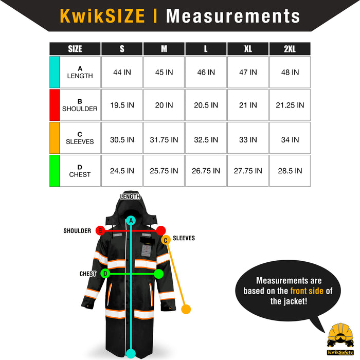 KwikSafety TORRENT High Visibility Rain Gear (FOLDABLE HOOD) Hi Vis Trench Coat Reflective PPE - Model No.: KS5506BLK - KwikSafety