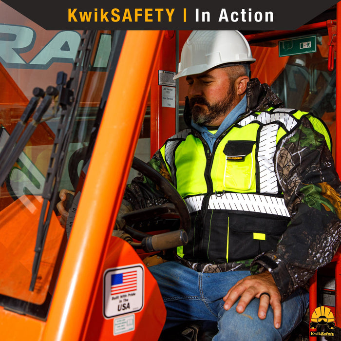 KwikSafety (Charlotte, NC) Specialist (Multi-Use Pockets) Class 2 ANSI High Visibility Reflective Safety Vest Heavy Duty Solid/Mesh Zipper HiVis