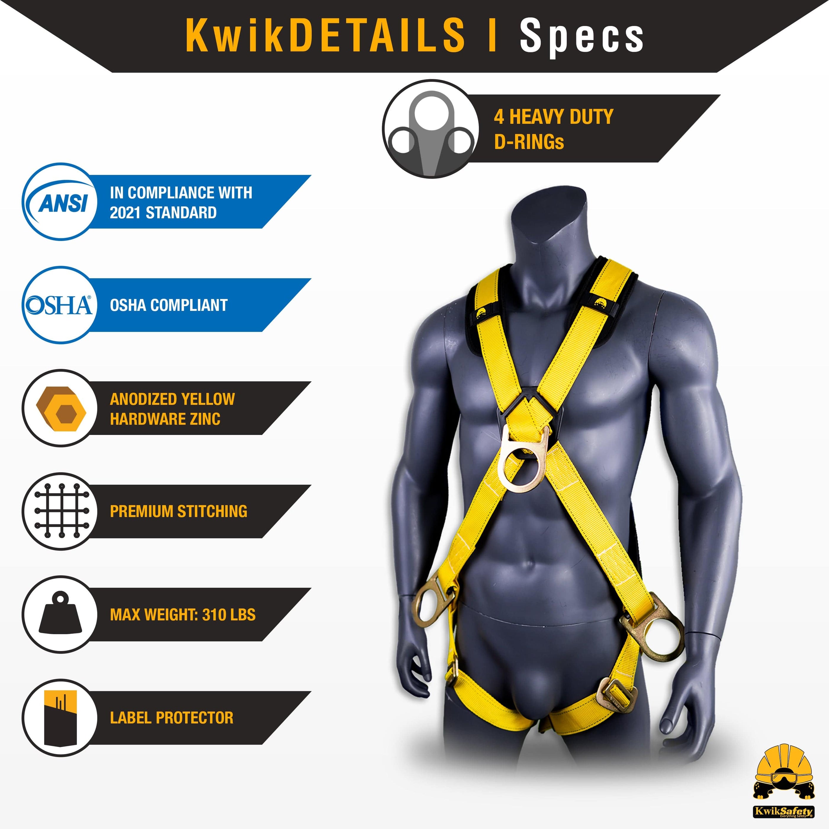 KwikSafety MONSOON Safety Harness ANSI OSHA Fall Protection 4 D Ring