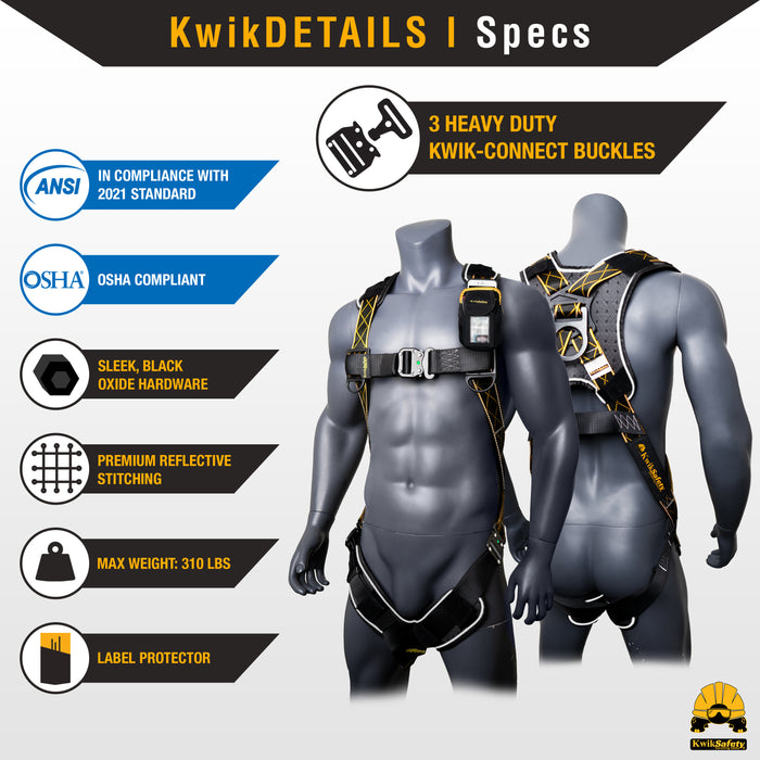 KwikSafety TORNADO DiamondBACK Safety Harness (3 Kwik-Connect Buckles) 1-D Ring Fall Protection ANSI OSHA - Model No.: KS6601DB - KwikSafety