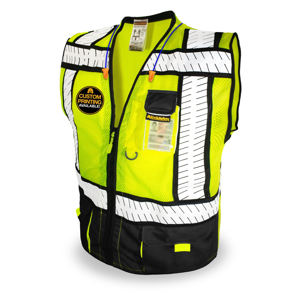 Quality Control QC Hi-Vis Safety Vest Yellow Black logo 2reflective strips