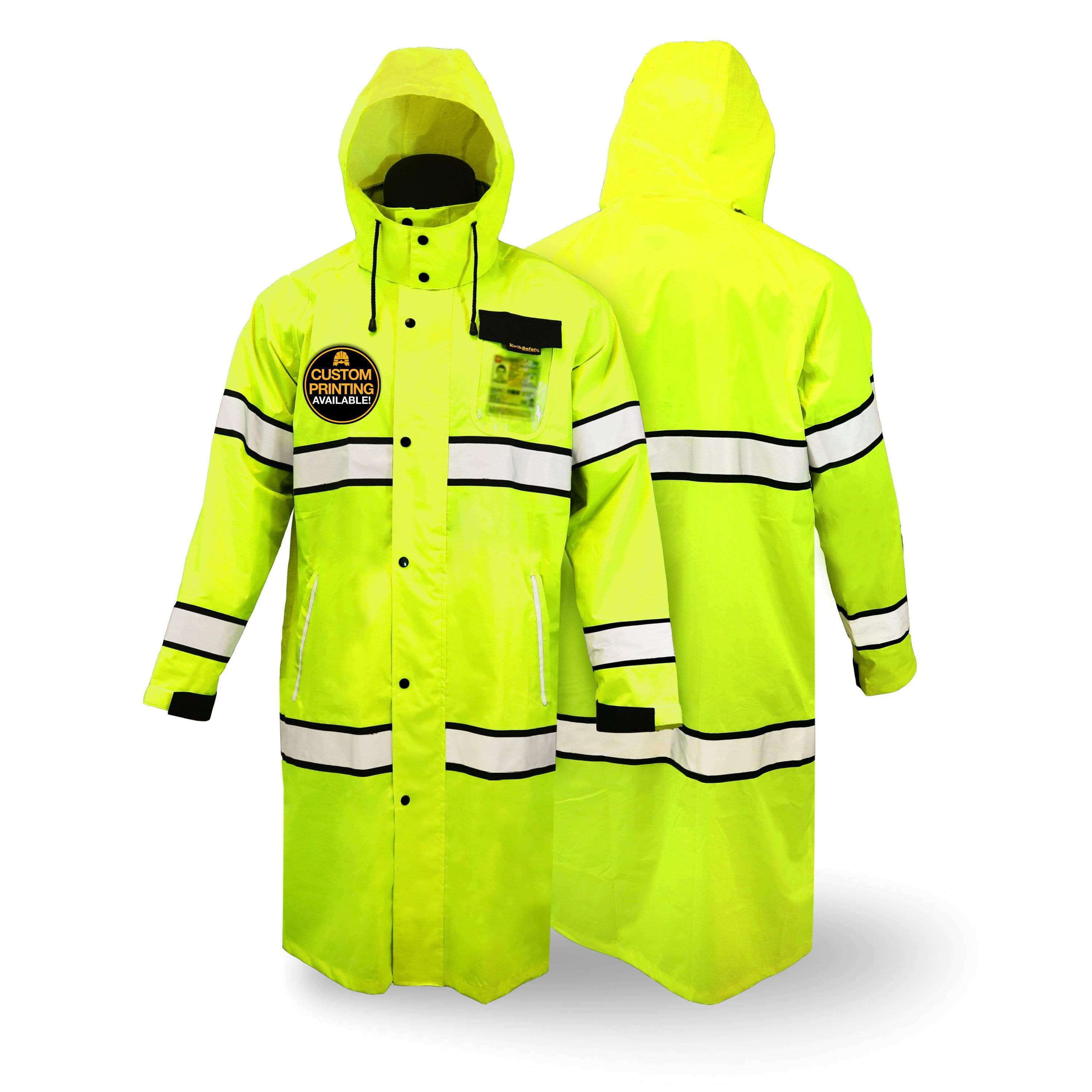 KwikSafety TORRENT High Visibility Rain Gear (FOLDABLE HOOD) Class 3, Type  R ANSI Tested OSHA Compliant Hi Vis Trench Coat Reflective PPE - Model No.:  