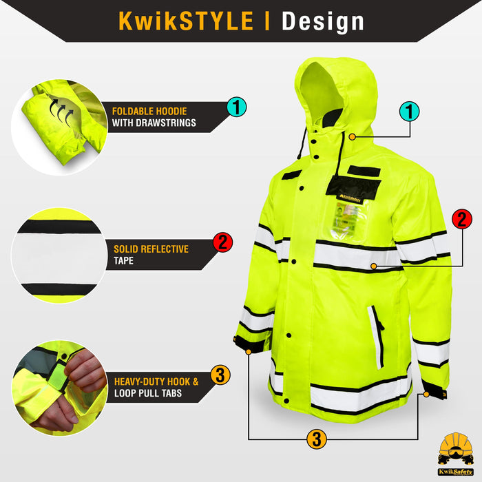 Torrent Class 3 Safety Rain Jacket Hi Vis Reflective ANSI Osha Rain Gear | Yellow Small