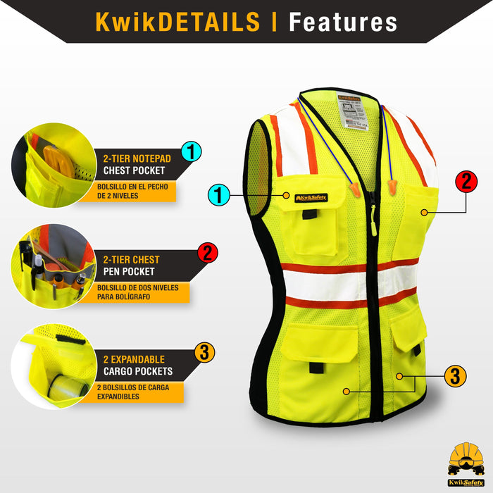 KwikSafety BLACK WIDOW Safety Vest for Women (SNUG-FIT) 9 Pockets Prem