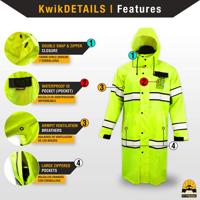 KwikSafety TORRENT High Visibility Rain Gear (FOLDABLE HOOD) Class 3, Type  R ANSI Tested OSHA Compliant Hi Vis Trench Coat Reflective PPE - Model No.:  